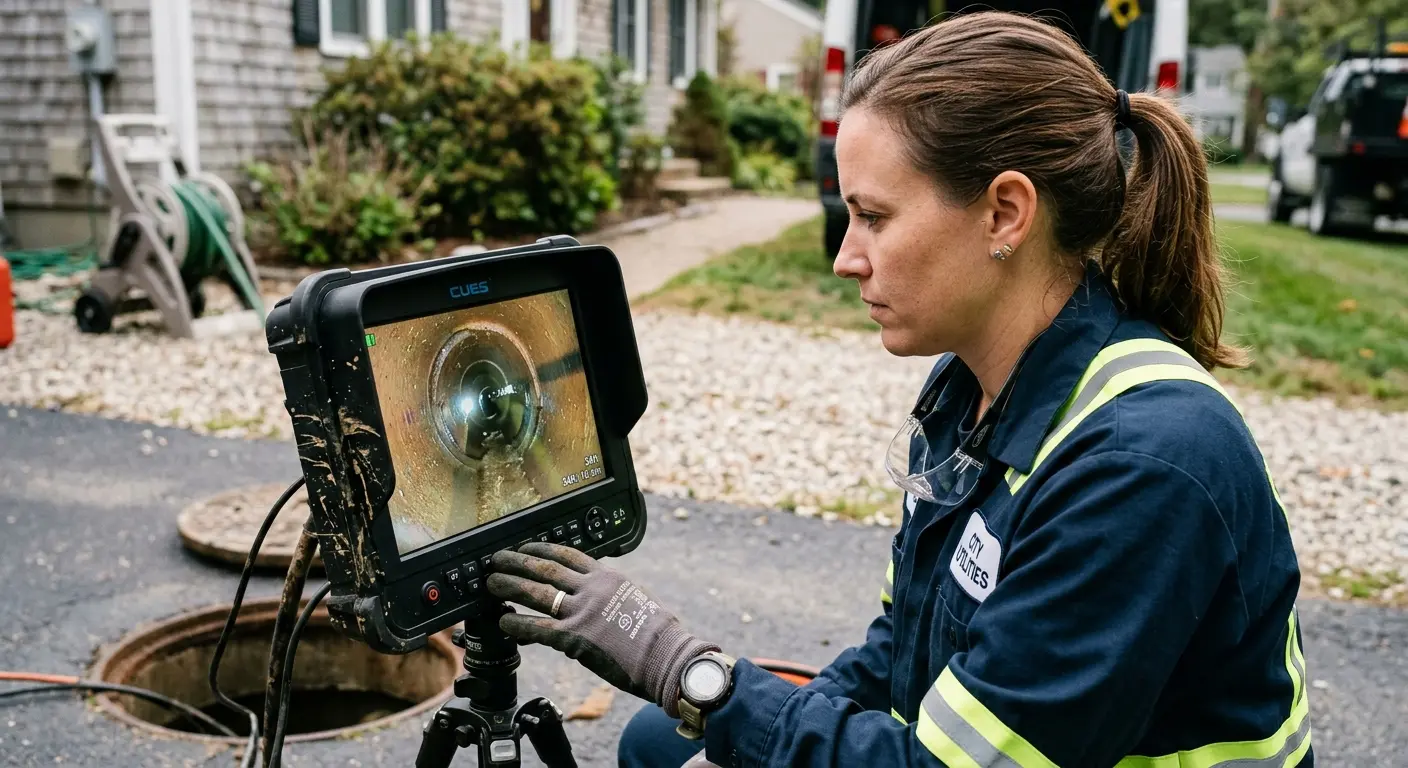 Technician reviewing sewer camera inspection footage in Newtown