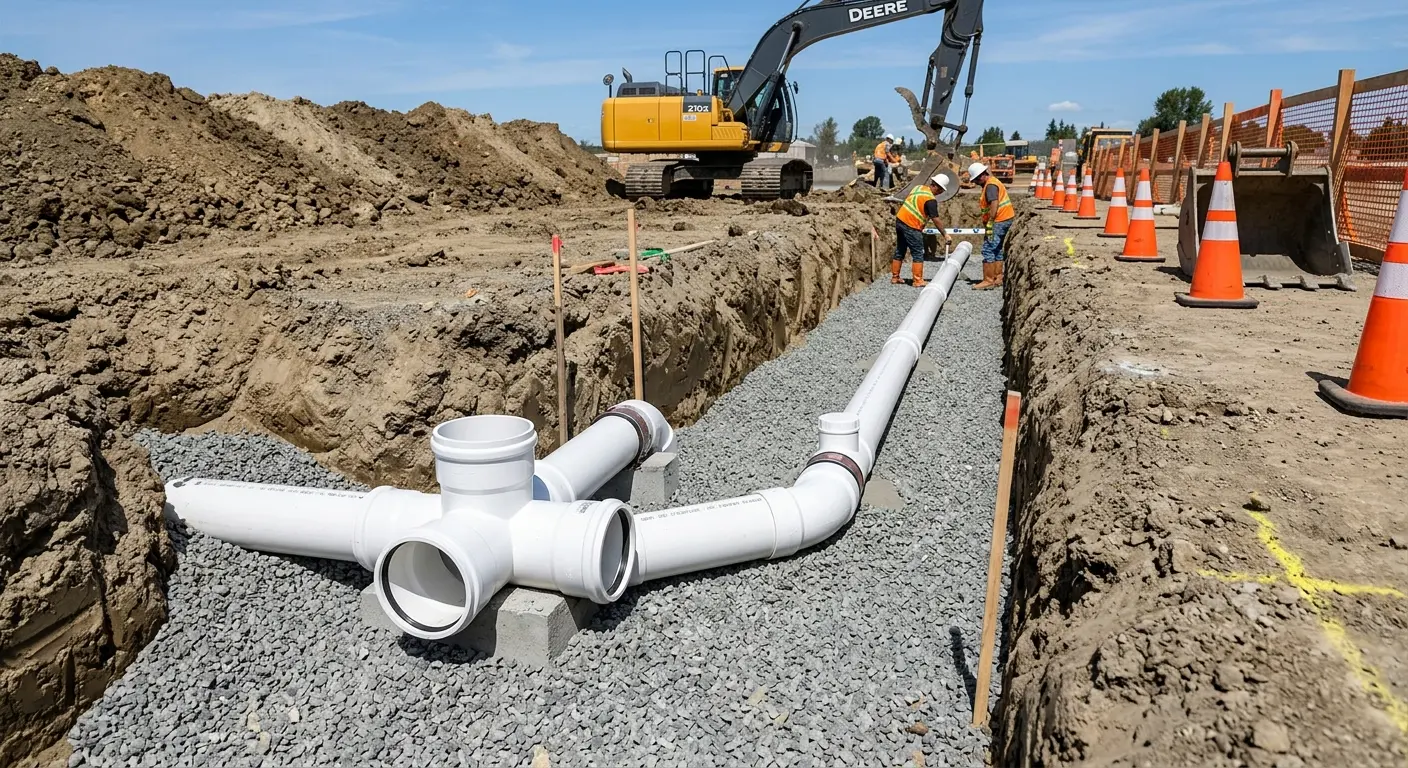 New PVC sewer pipe installation in open trench for Sewer Backup in Newtown