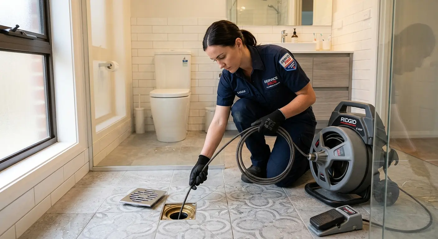 Technician clearing a bathroom floor drain for Drain Cleaning in Newtown